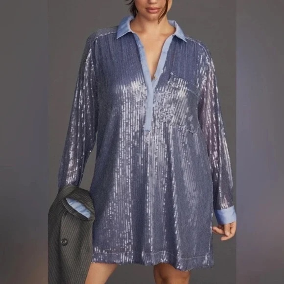 PILCRO - Long-Sleeve Sequin Mini Shirt Blue Dress. | Small - Picture 1 of 9